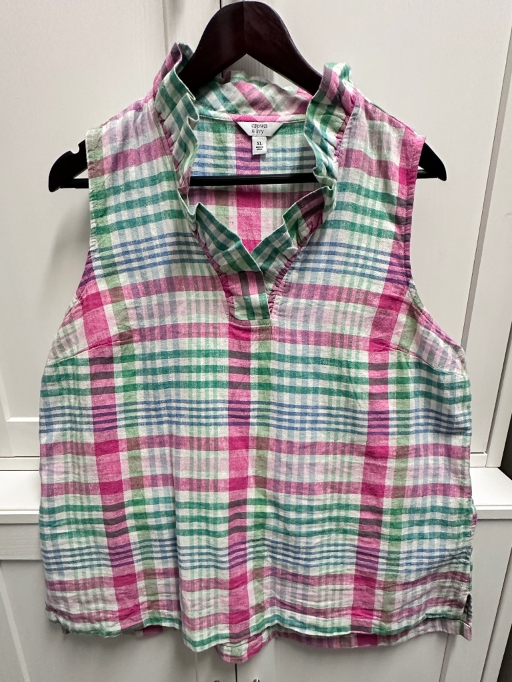 Crown & Ivy Pink and Green Multi Plaid Sleeveless Linen Blend Top